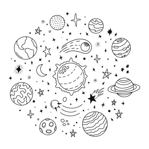 Doodle solar system. Hand drawn sketch planets, cosmic comet and stars, astronomy space doodles. Celestial solar system vector icons illustration Doodle solar system. Hand drawn sketch planets, cosmic comet and stars, astronomy space doodles. Celestial solar system vector icons illustration. Universe and cosmos, moon and planets pluto dwarf planet stock illustrations