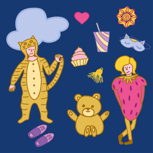 doodle style elements for slumber party on dark blue background. - teddy ray stock illustrations