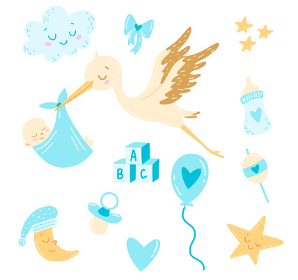 Doodle style flat vector artoon stork with newborn baby boy set