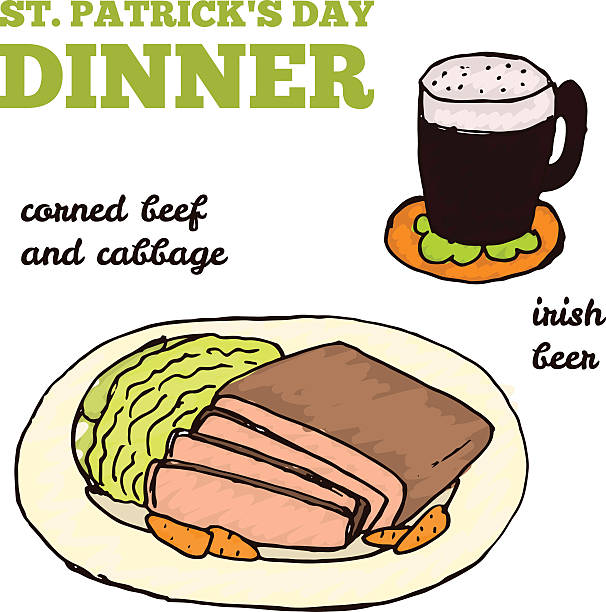 Doodle Style Illustration for Saint Patrick's Day Doodle Style Illustration. Saint Patrick's Day Dinner - Corned Beef and Cabbage corned beef stock illustrations