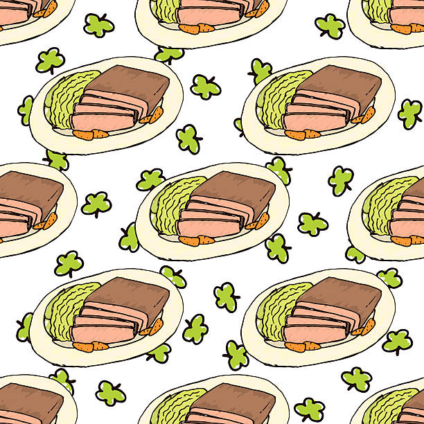 Doodle Style Seamless Pattern for Saint Patrick's Day Doodle Style Seamless Pattern for Saint Patrick's Day. Corned Beef and Cabbage corned beef stock illustrations