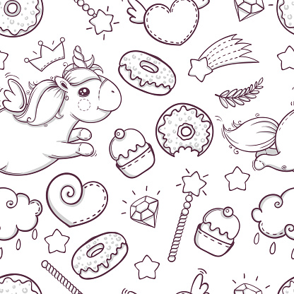 Doodle style unicorn sweets donuts seamless vector background