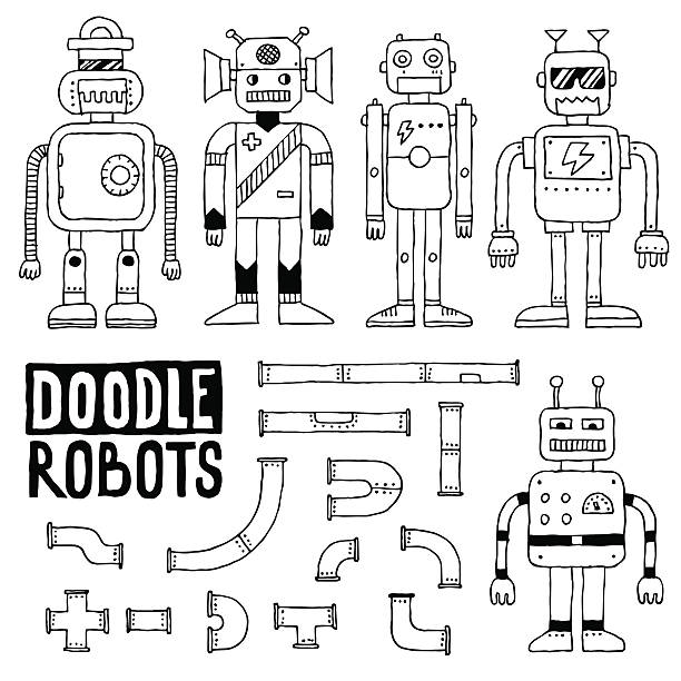 Doodle toy robots set. Vector illustration. Doodle toy robots set. Vector illustration. robot drawings stock illustrations