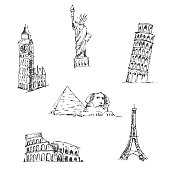 Doodle Travel set. World famous landmarks. Excellent vector illustration, EPS 10