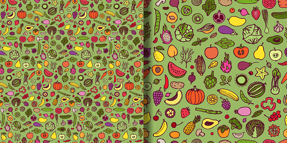 Doodle vegetarian seamless patterns set. Repeat backgrounds