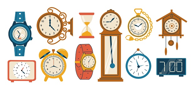 Doodle watch. Cartoon analog and modern timepieces. Digital wristwatch and interior chronometers. Retro alarm clock and hourglass. Dial with arrows. Vector time measure instruments set