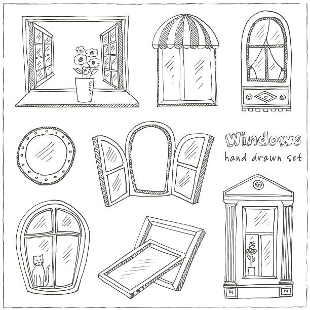 Doodle windows set isolated. Hand drawn illustration Doodle windows set isolated on white background. Hand drawn illustration window drawings stock illustrations