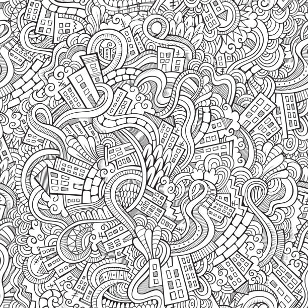 doodles hand drawn town. seamless pattern Cartoon vector doodles hand drawn town. seamless pattern city patterns stock illustrations
