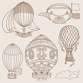 Vector Illustration with a set of doodles of Ancient Hot Ballons, Montgolfier