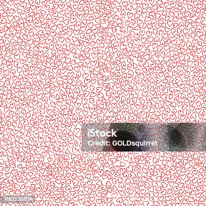 istock Doodles with uneven outlined red hearts drawn by hand and gel pen - abstract love illustration in vector with set of little hearts unevenly arranged on white square paper background 1183735934