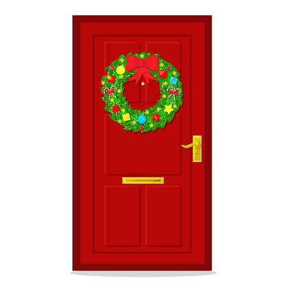 Door decorated with a Christmas wreath
