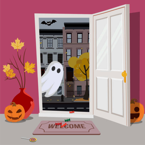 ilustrações de stock, clip art, desenhos animados e ícones de door_halloween - window, inside apartment, new york