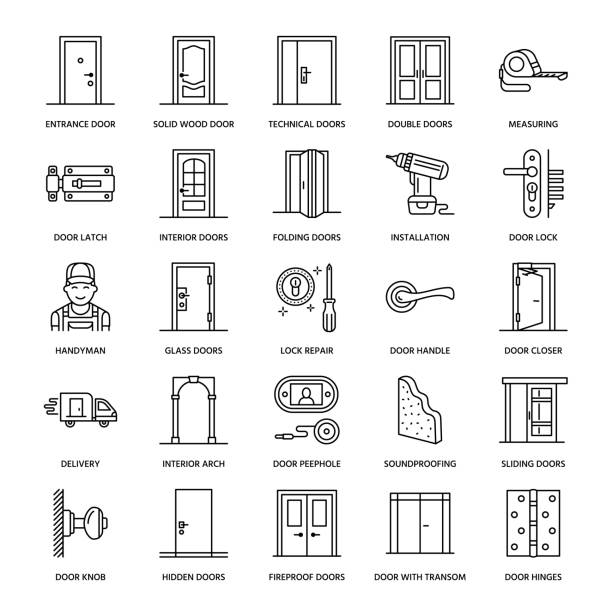 Doors installation, repair line icons. Various door types, handle, latch, lock, hinges. Interior design thin linear signs for house decor shop, handyman service Doors installation, repair line icons. Various door types, handle, latch, lock, hinges. Interior design thin linear signs for house decor shop, handyman service. shift knob stock illustrations