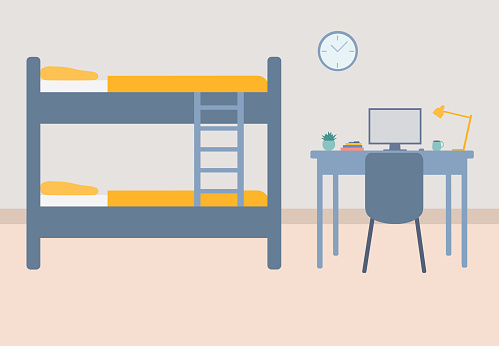 Dorm Room Interior With Bunk Bed, Study Desk And Chair
