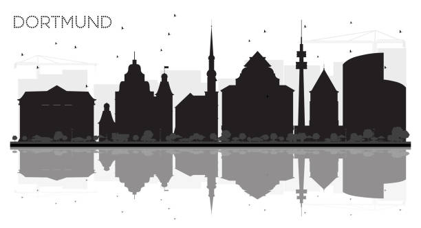 dortmund deutschland skyline schwarz-weiß stadtsilhouette mit reflexionen. - dortmund stock-grafiken, -clipart, -cartoons und -symbole