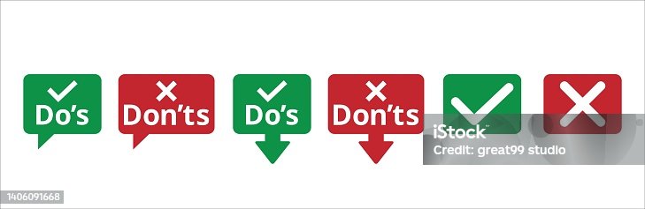 istock Do's and don'ts icon set. To do and not to do icons. Recommended or not recommended symbol. Vector stock illustration. Tag or label for choice button of advice info graphic with pointed down arrow. 1406091668