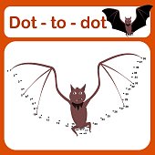 Dot to dot game for kids vector illustration. Number drawing line puzzle game with Halloween-themed bat. Coloring page for children.