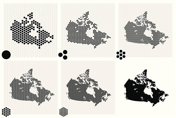 Set of 5 dotted maps of Canada in 5 different resolutions: from very low to ultra high, and outline map.