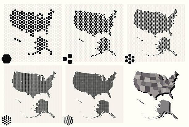 Dotted maps of the United States in varying resolutions Set of 5 dotted maps of the United States in 5 different resolutions: from very low to ultra high, and two outline maps: with and without division by states. alaska us state stock illustrations