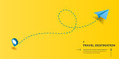 Dotted route track with paper plane and pin. Flight, vacation, holiday, traveling, business or tourism trip