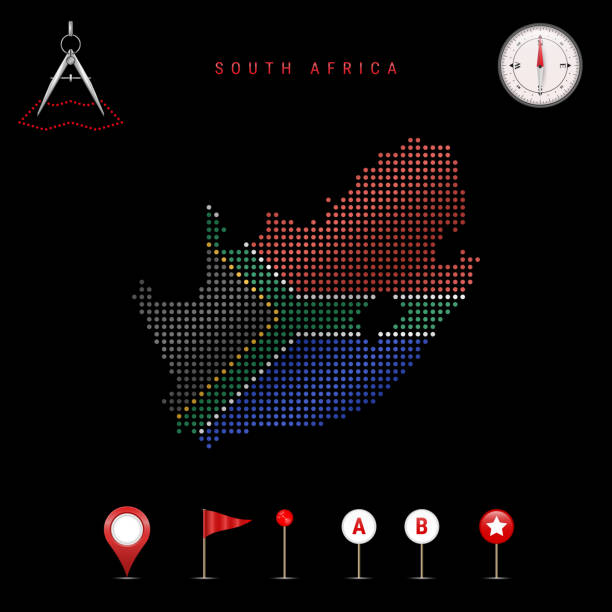국기 색상에 그려진 남아프리카 공화국의 점선 벡터지도. 깃발 을 흔드는 효과. 지도 도구 아이콘 세트 - south africa stock illustrations