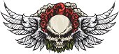 This is a rough edged hand illustration of a double winged skull with a rose and leaf wrap covered by mini skulls. The colored section is on it's own layer for easy removal or recoloring. A BLACK & WHITE version is also available for download. The file is provided as an Illustrator 8 EPS and a 300dpi high-rez jpg.