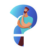 Doubtful man flat vector illustration. Bearded guy with hand on chin gesture cartoon character. Serious boy in question mark silhouette making decision. Thinking, considering opportunities