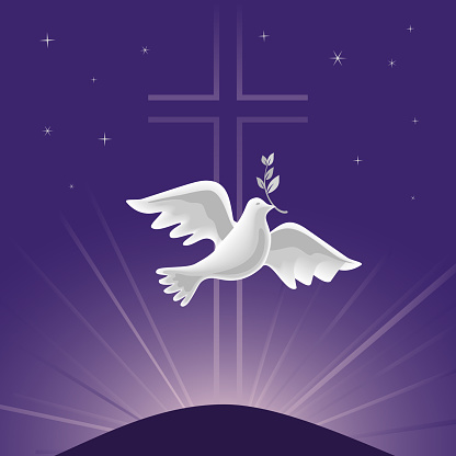 Holy Spirit Dove with olive branch vector poster. Christian holiday Pentecost Trinity Sunday concept. Church sacrament hope belief symbol. Biblical flying spiritual dove religion greeting illustration
