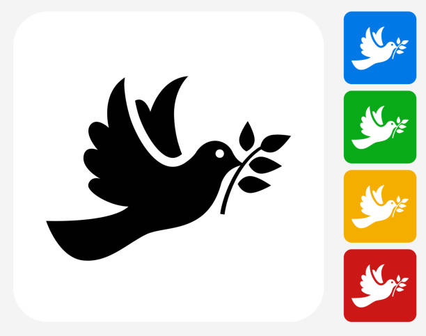 Dove Icon Flat Graphic Design Dove Icon. This 100% royalty free vector illustration features the main icon pictured in black inside a white square. The alternative color options in blue, green, yellow and red are on the right of the icon and are arranged in a vertical column. bird symbols stock illustrations