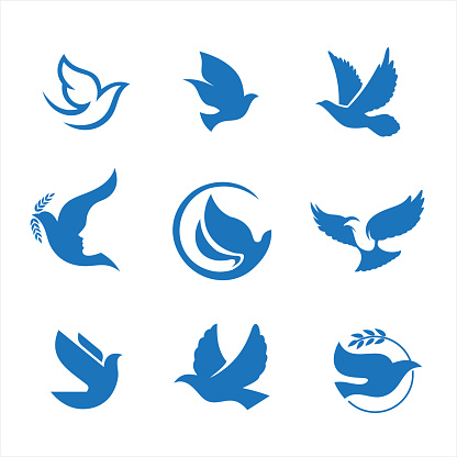 Set of 9 doves icons, illustrations