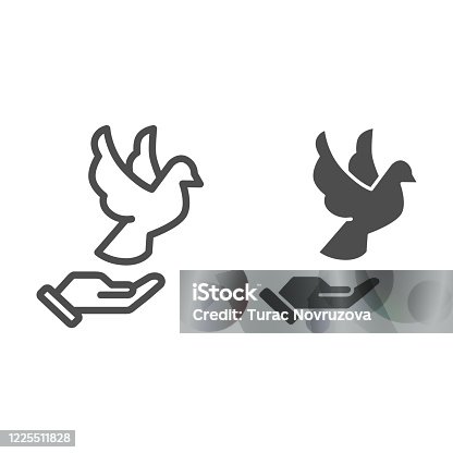 istock Dove on hand line and solid icon, world peace day concept, flying pigeon and human palm sign on white background, person hand and bird symbol outline style for mobile and web design. Vector graphics. 1225511828