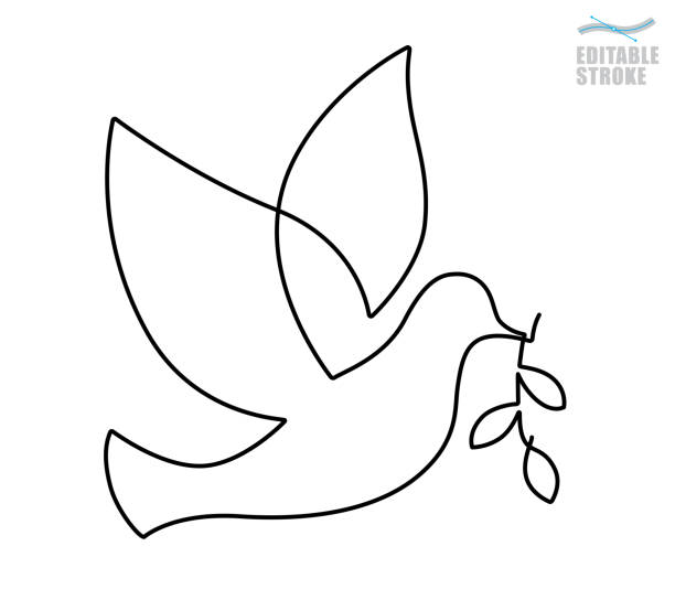 Dove Peace Continuous line Dove draws with a single continuous line, carrying an olive branch to symbolize the peace, so necessary all over the world. Eps 10 dove bird stock illustrations