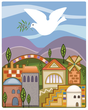 Dove With Olive Branch Flying Above Jerusalem