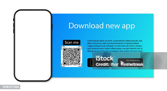 istock Download app to phone from store. Qr code for download of application. Advertising of smartphone app. Scan code, click button, upload and payment. Mockup of mobile on website. Elegant banner. Vector 1316127306