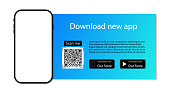 istock Download app to phone from store. Qr code for download of application. Advertising of smartphone app. Scan code, click button, upload and payment. Mockup of mobile on website. Elegant banner. Vector 1316127306