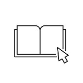 istock Download e book line icon. An open book with mouse cursor arrow. Electronic books on the internet concept. 1257388496