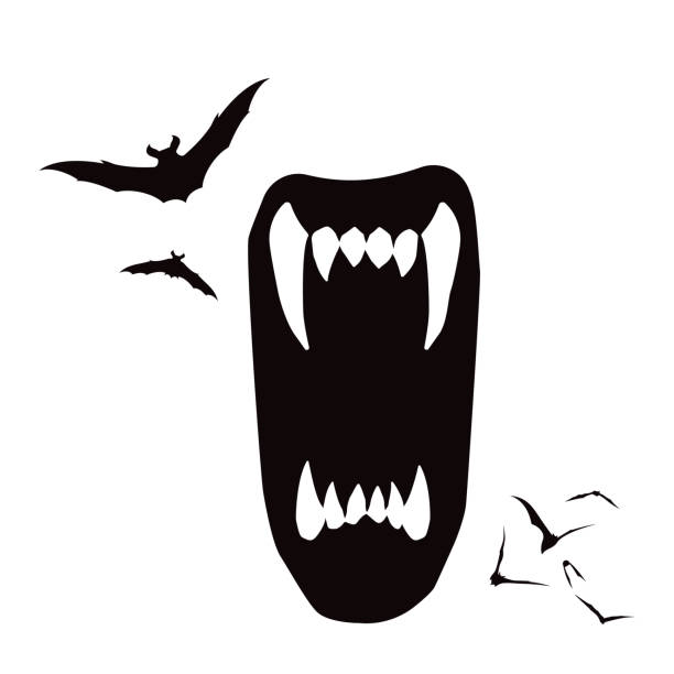 Draculas Vampire Bite with Bats Vector Graphic Halloween Illustration This is a black and white vector eps file of a vampires fanged mouth surrounded by flying bats. vampire stock illustrations