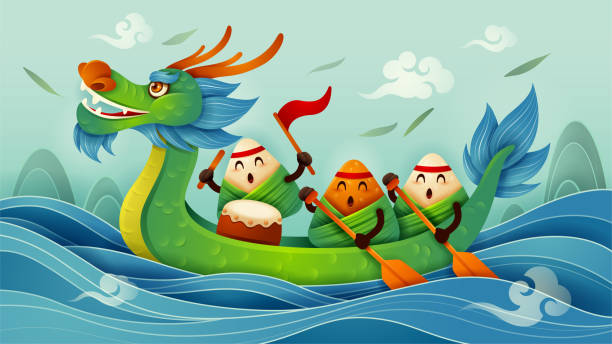 Dragon Boat Festival with rice dumpling cartoon character and dragon boat on water. vector art illustration