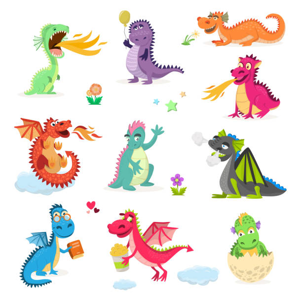 드래곤 아이 동화 디노 그림 흰색 배경에 고립에 대 한 만화 벡터 귀여운 잠자리 디노 캐릭터 아기 공룡 - dragon stock illustrations