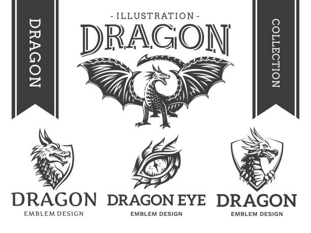 ilustrações de stock, clip art, desenhos animados e ícones de dragon emblem, illustration, print design collection on a white background. - dragões olho