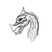 Dragon head sketch drawn with pen on white paper. Hand-drawn sloppy black-and-white concept drawing. Simple vector linear illustration.