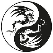 Dragons in Yin and yang circle - Dragon symbol tattoo, black and white vector illustration, isolated on white background