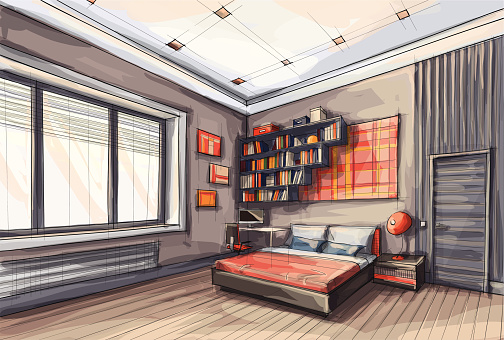A drawing a stylish functional modern bedroom