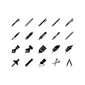 Drawing and Writing tools flat line icons set. Stationery tools - Pen, pencil, ruler, button. Simple flat vector illustration web site or mobile app.