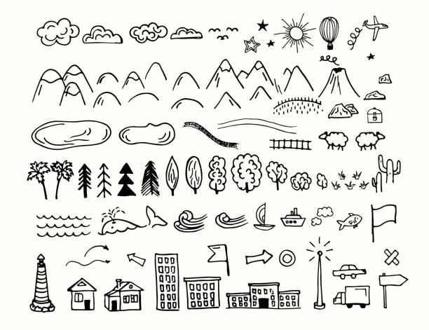 Drawing map signs and symbols Drawing doodling map elements. Cartoon style collection for create an own unique map. Decorative topography sketch. map drawings stock illustrations