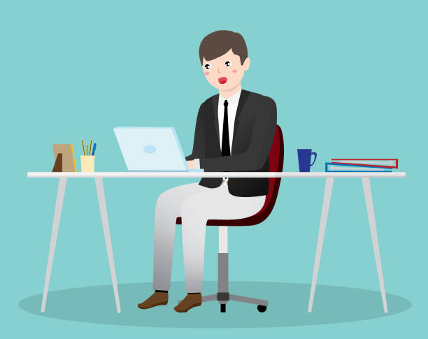 ilustrações de stock, clip art, desenhos animados e ícones de drawing of a businessman working on a laptop computer in the office - business man shoes on desk