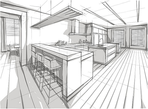 Drawing of a design for a interior home Vector illustration of interior design. In the style of drawing. (ai 10 eps with transparency effect) kitchen drawings stock illustrations