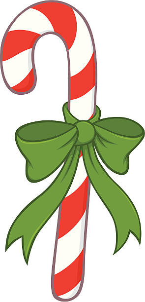 Drawing of a red and white candy cane with a green ribbon vector art illustration