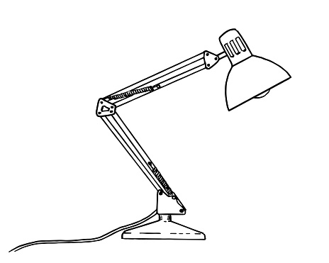 Drawing of classic desk lamp - black and white illustration