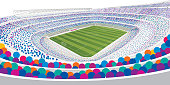 Drawing of panoramic view of a white soccer stadium filled with colorful people on white background with wide angle view in large format. Vector illustration